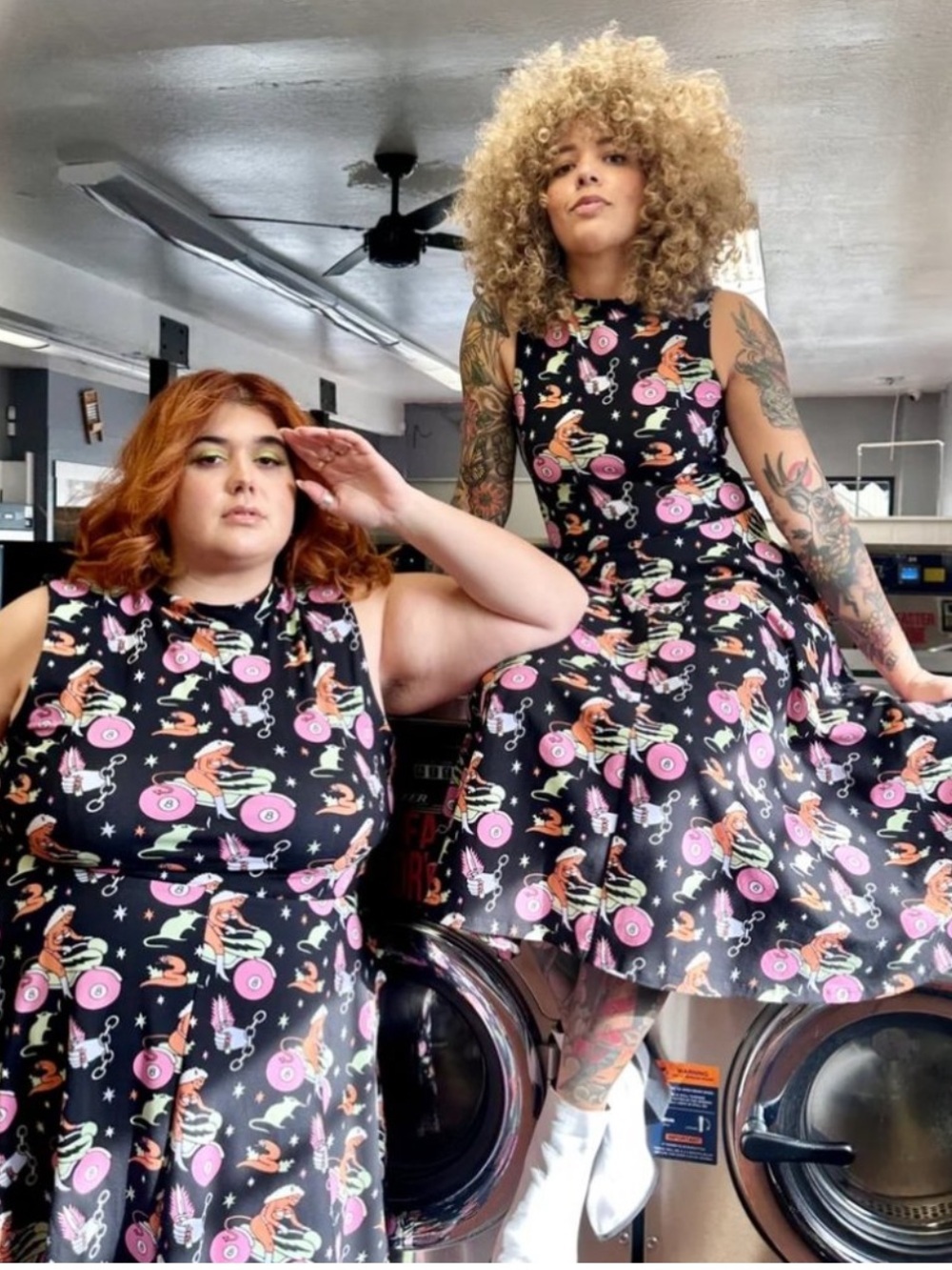 NOOWORKS Dahlia Dress In Mean Machine Print SZ M Cotton Pockets Midi Goth